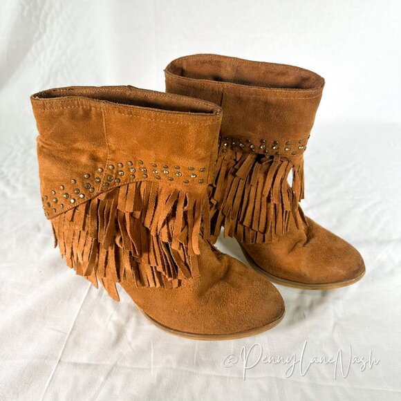 Not Rated Shoes - Not Rated Fringe Studded Western Boots Butterscotch Size 8